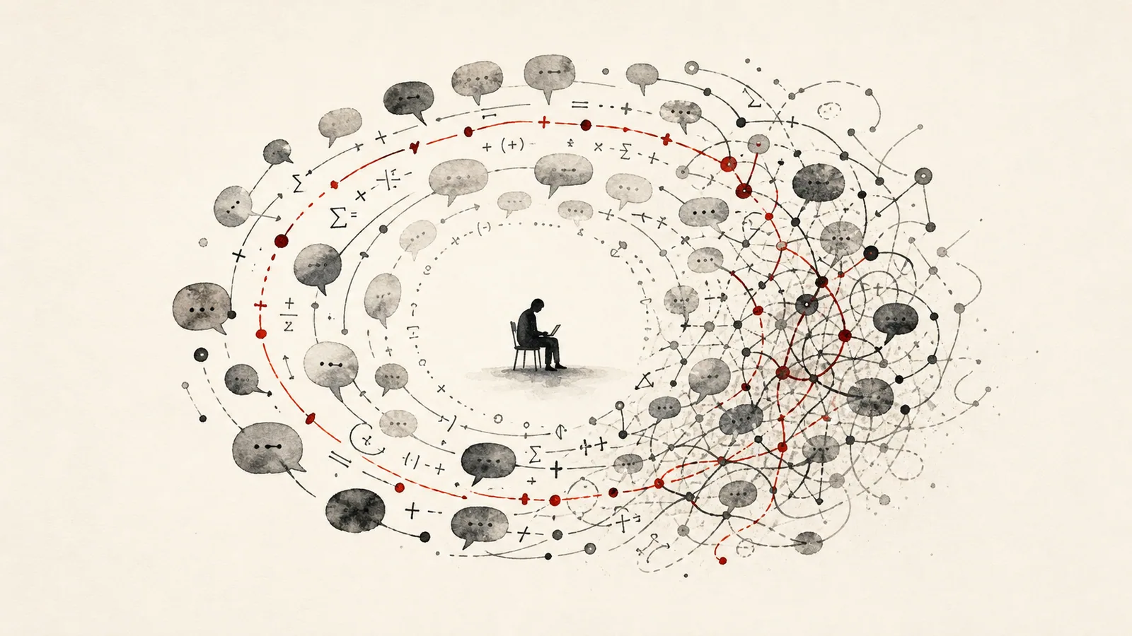 An anonymous person sits inside an expanding loop of speech bubbles and mathematical marks that becomes increasingly tangled