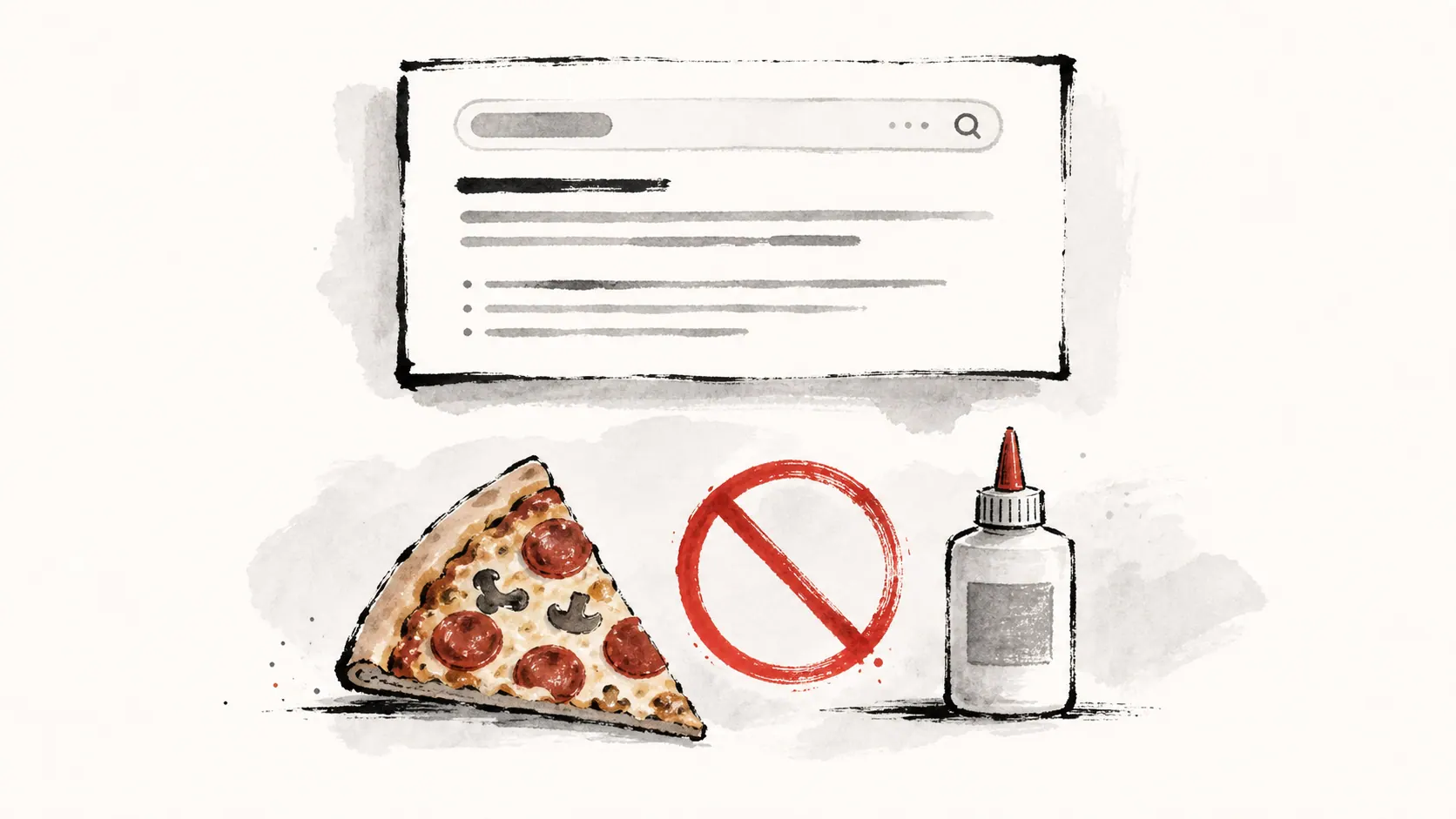 Abstract image of a pizza slice beside a search result warning