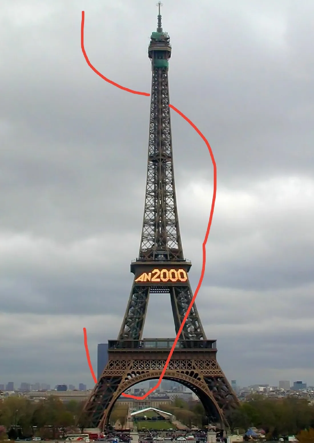 Eiffel Tower reference image with a temporary red FPV flight path drawn over it